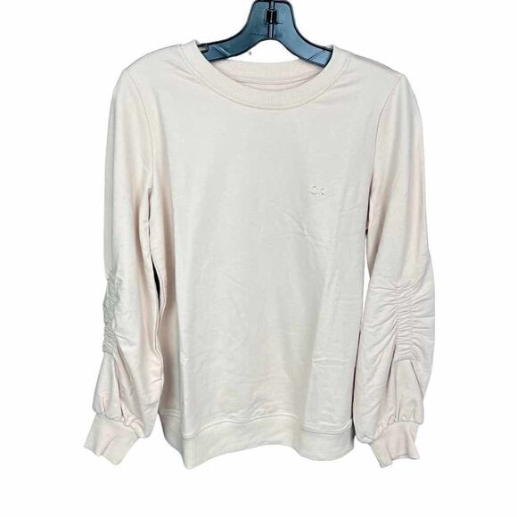 Calvin Klein Sweatshirt Crew Neck Blush Pink Tan Gathered Sleeves CK Logo XS - Picture 10 of 16